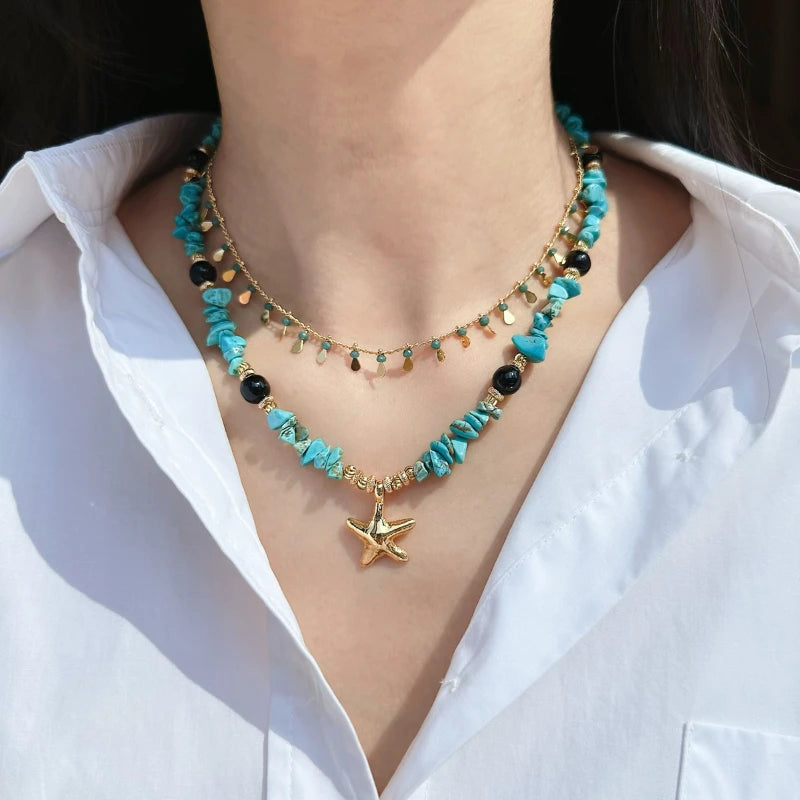 Turquoise Stacked Multi-layer Necklace Pearl Fishtail Pendant Starfish Earrings Beaded Bracelet Seaside Vacation Jewelry SetM010